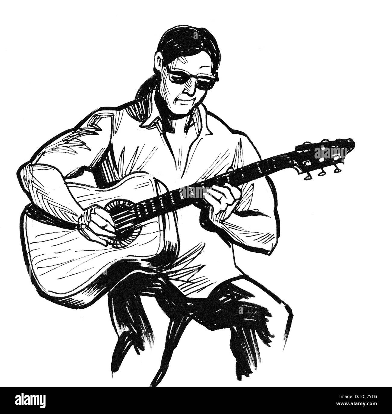 El hombre tocando la guitarra acústica. Dibujo en blanco y negro de tinta  Fotografía de stock - Alamy