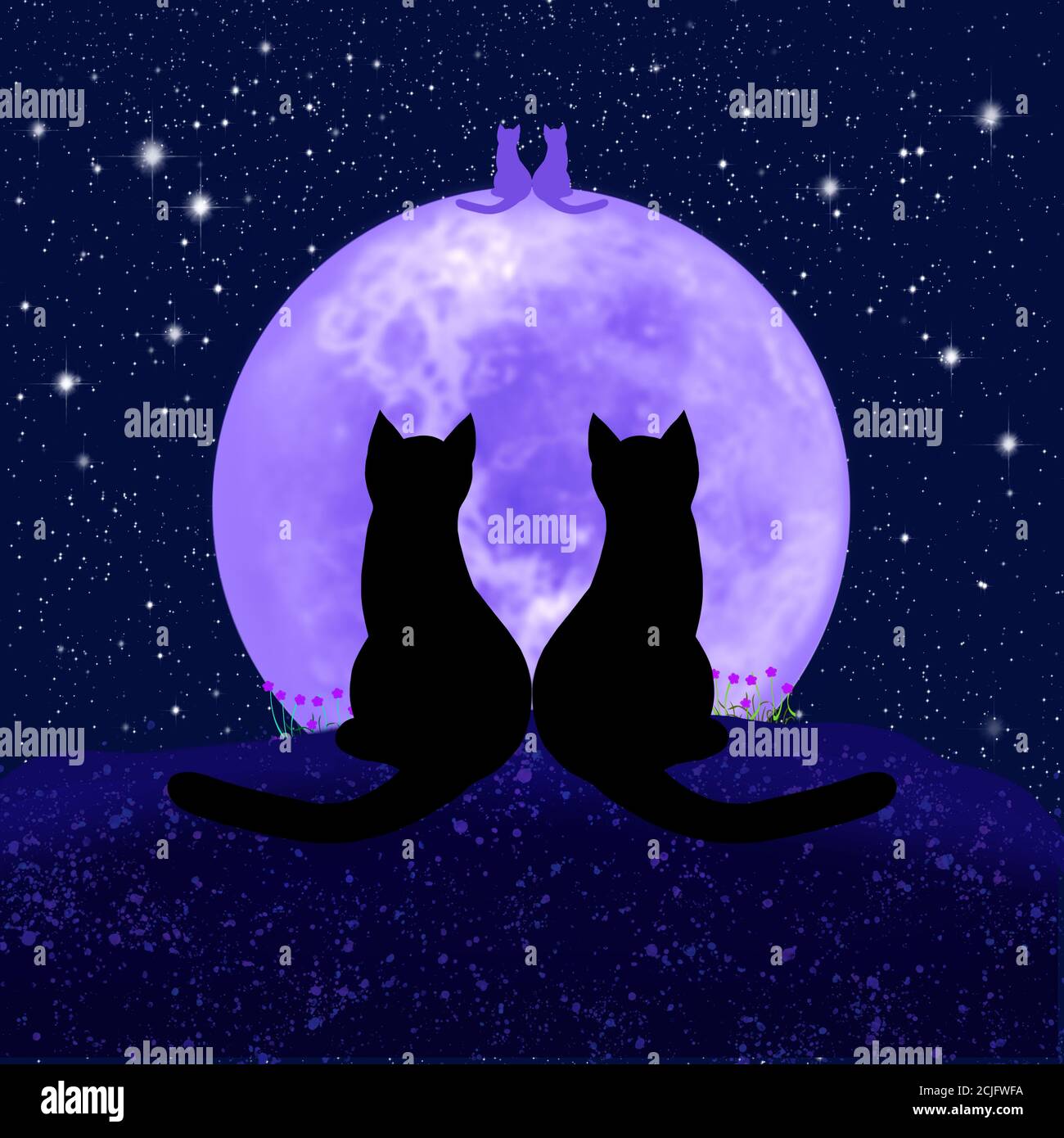 Ilustración de dos gatos contra el fondo de la luna y el cielo estrellado.  Luna borrosa Fotografía de stock - Alamy