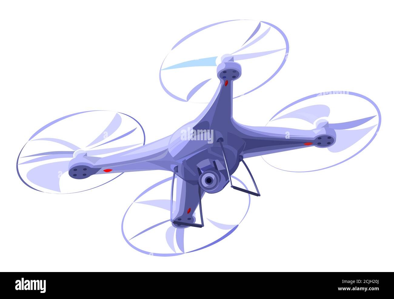 Quadrocopter. Drone con una cámara. Ilustración vectorial aislada sobre fondo blanco. Estilo plano. Moscas. Rotación de las hélices. Ilustración del Vector