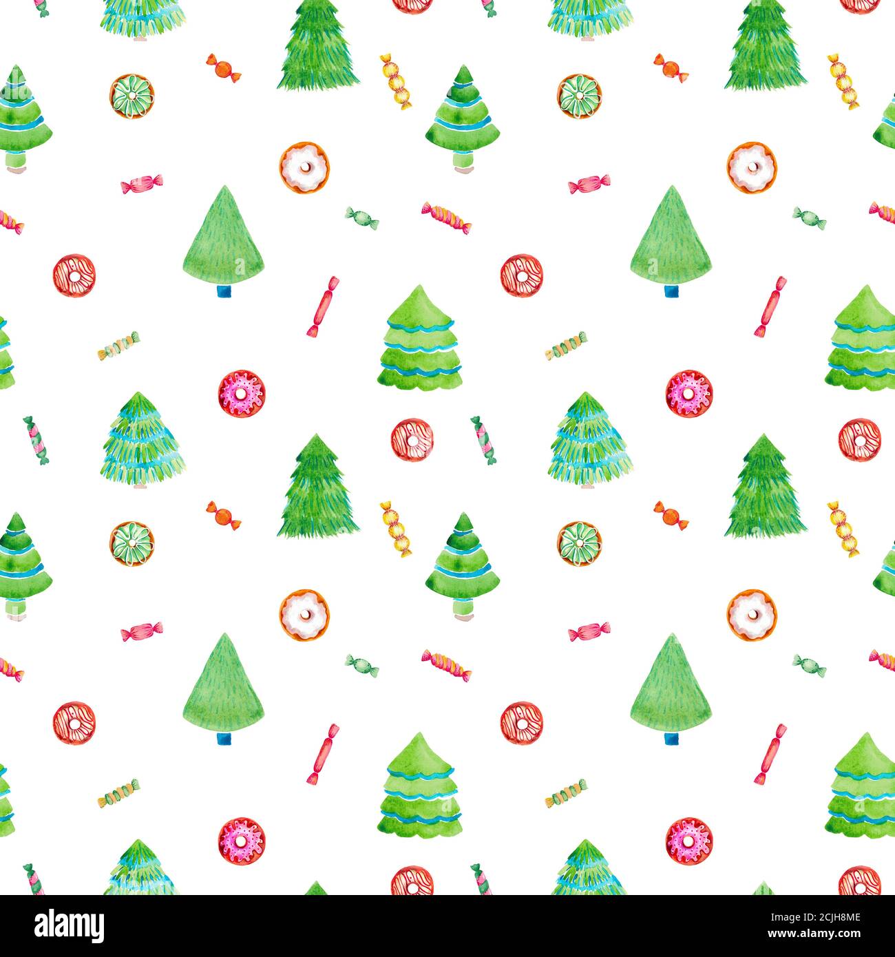 Árbol de Navidad donuts dulce sin costuras patrón sobre fondo blanco.  Acuarela ilustración invierno papel tapiz digital paquete de papel regalo  envoltorio Fotografía de stock - Alamy