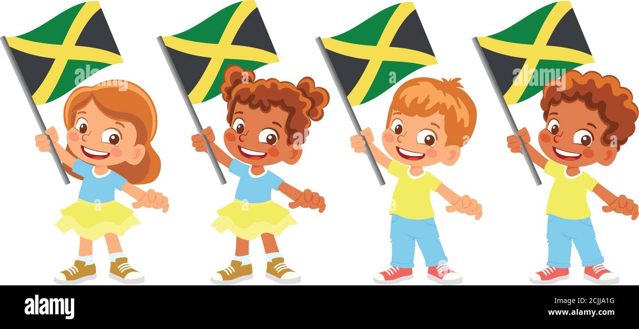 Jamaica Bandera En La Mano Niños Con Bandera Vector De La Bandera Nacional De Jamaica Imagen 