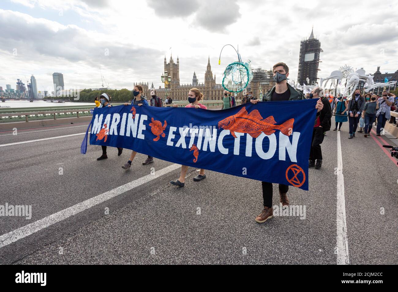 Manifestantes que portaban la bandera a través del Puente de Westminster durante la "marcha de extinción de la Marina", manifestación de la rebelión de extinción, Londres, 6 de septiembre de 2020 Foto de stock