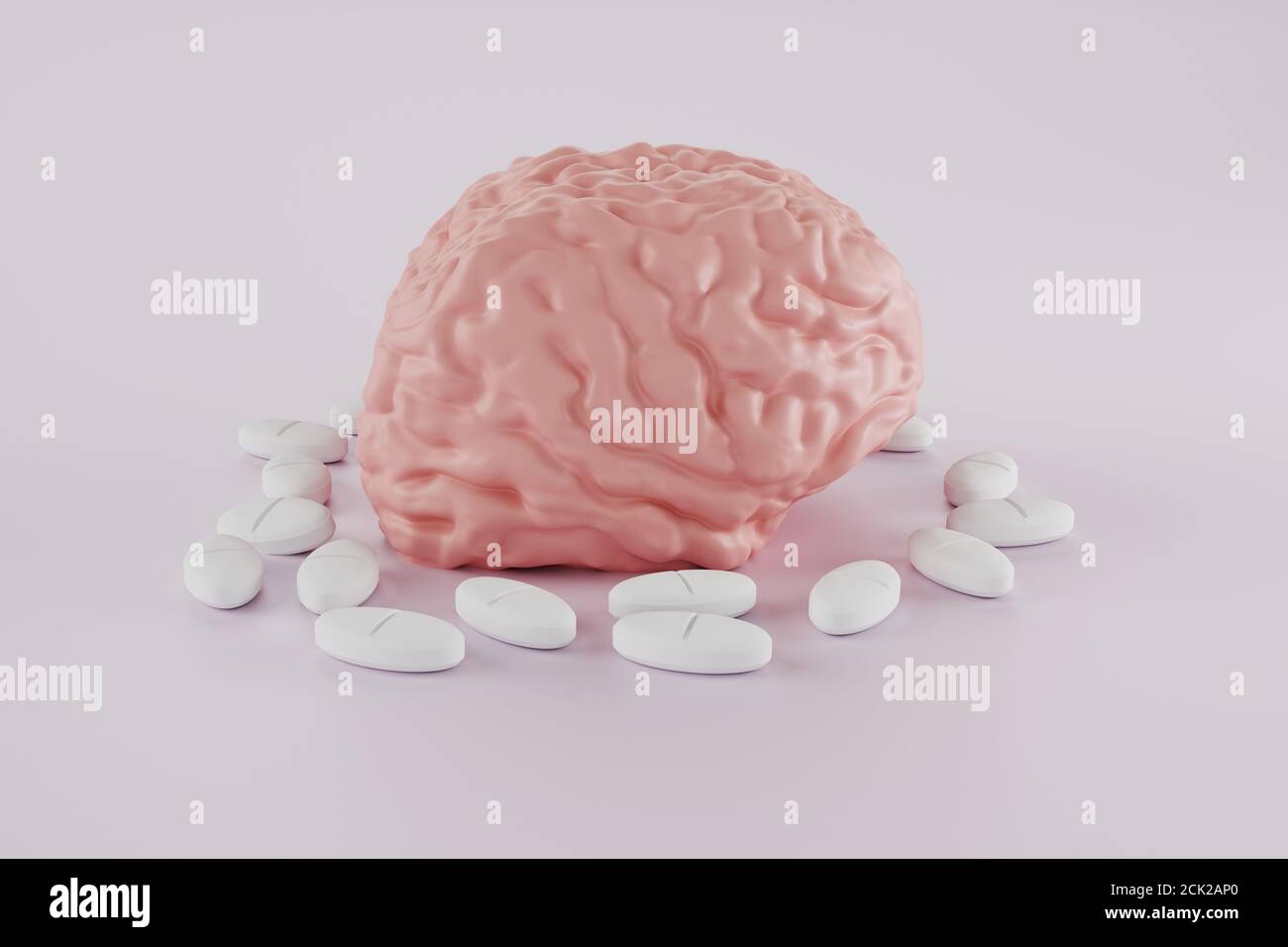 cerebro humano rodeado de píldoras sobre fondo claro, nootrópico para el cerebro o píldora de dolor de cabeza, un fármaco para mejorar la actividad cerebral, adicción a la píldora, lado Foto de stock