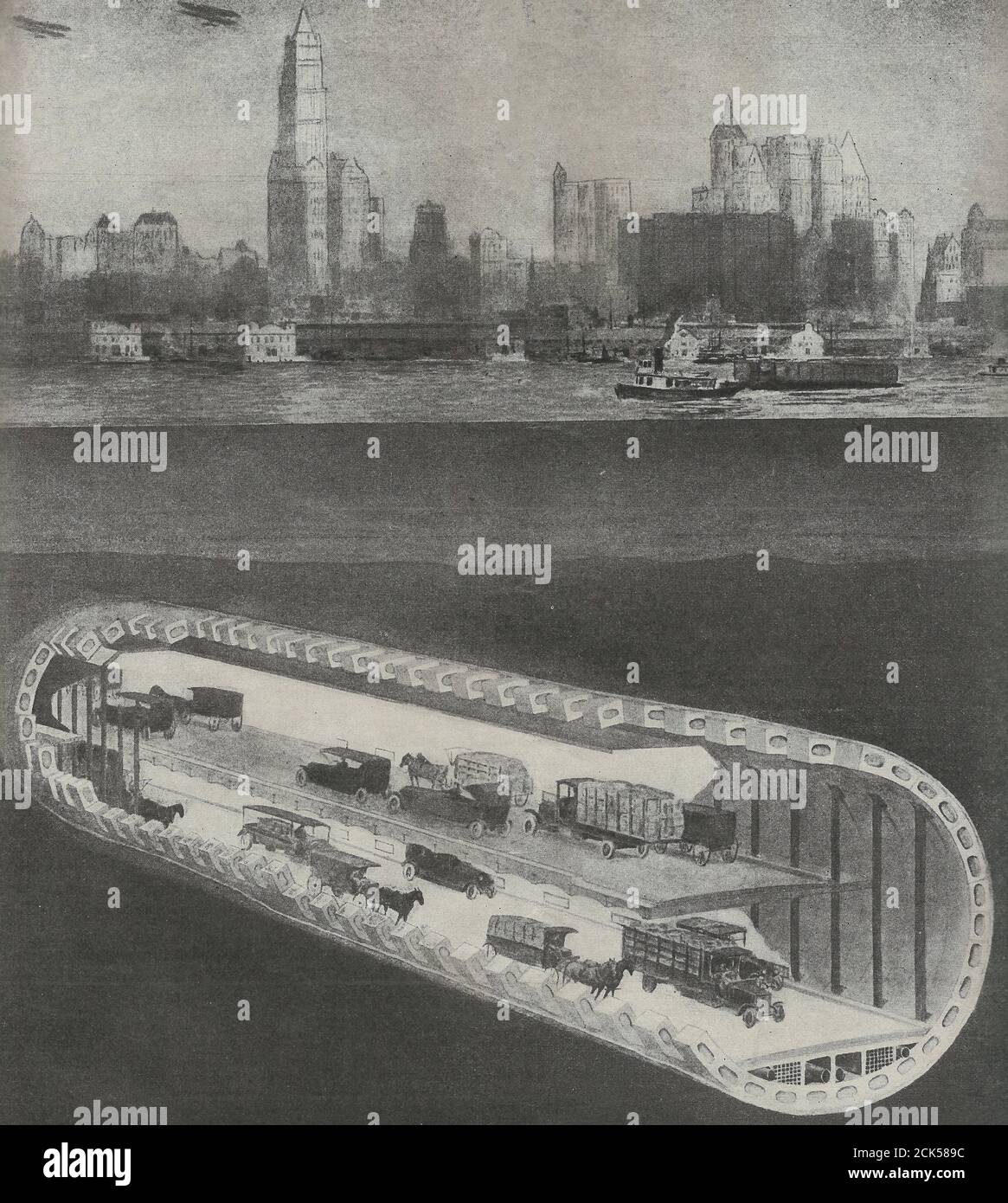 Propuesta de túnel vehicular bajo el río Hudson - una estructura de doble cubierta que proporciona tres líneas de tráfico en cada carretera. Marzo de 1919 Foto de stock