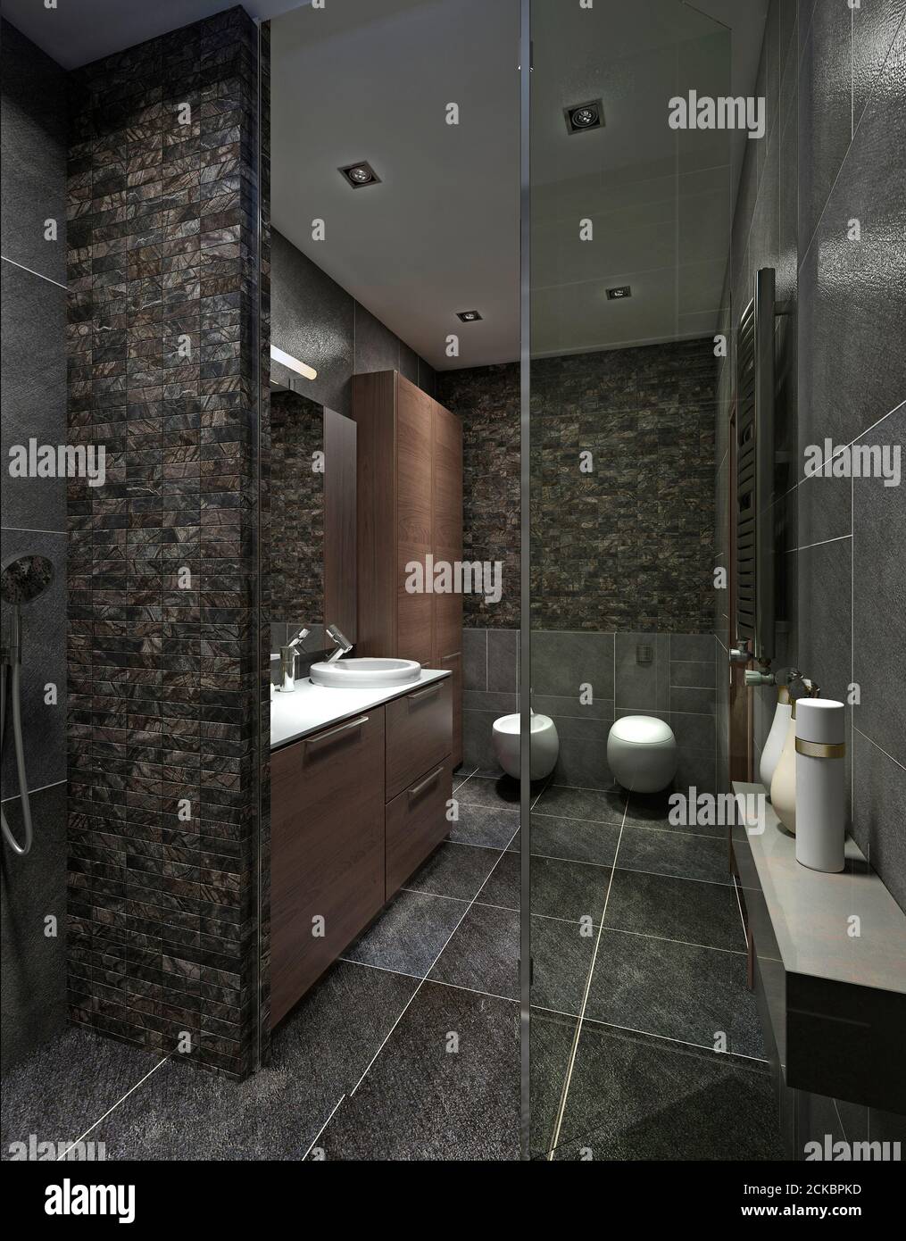 Baño moderno con azulejos negros, mosaicos y muebles marrones. Con ducha,  armario, inodoro y bidet. Renderizar en 3D Fotografía de stock - Alamy