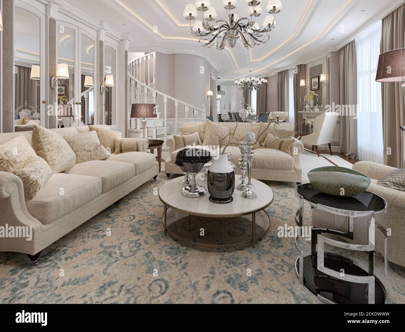 Almacén tener arco Lujosa sala de estar con espejos en las paredes con muebles clásicos en  tonos beige y café claro. Renderizar en 3D Fotografía de stock - Alamy
