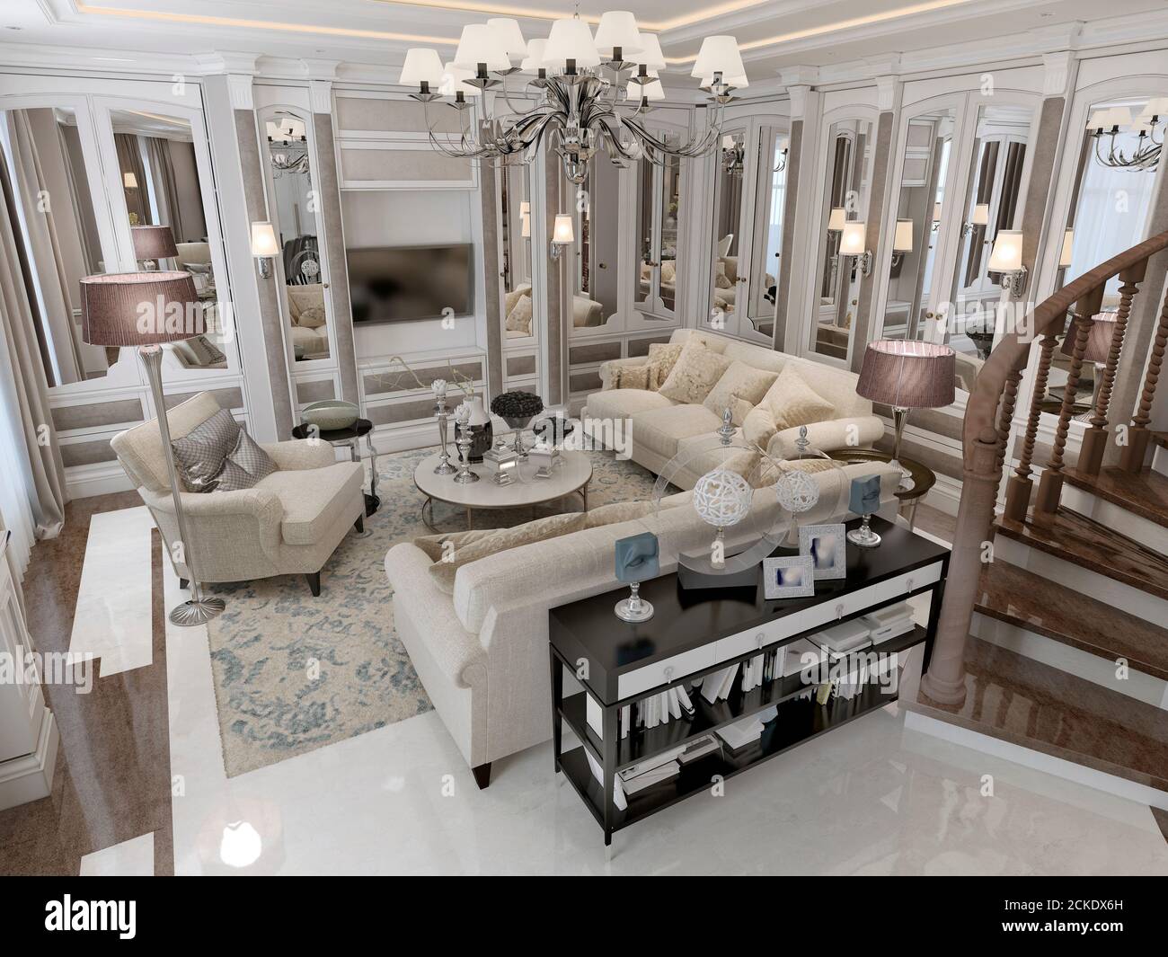 Lujosa sala de estar con espejos en las paredes con muebles clásicos en  tonos beige y café claro. Renderizar en 3D Fotografía de stock - Alamy