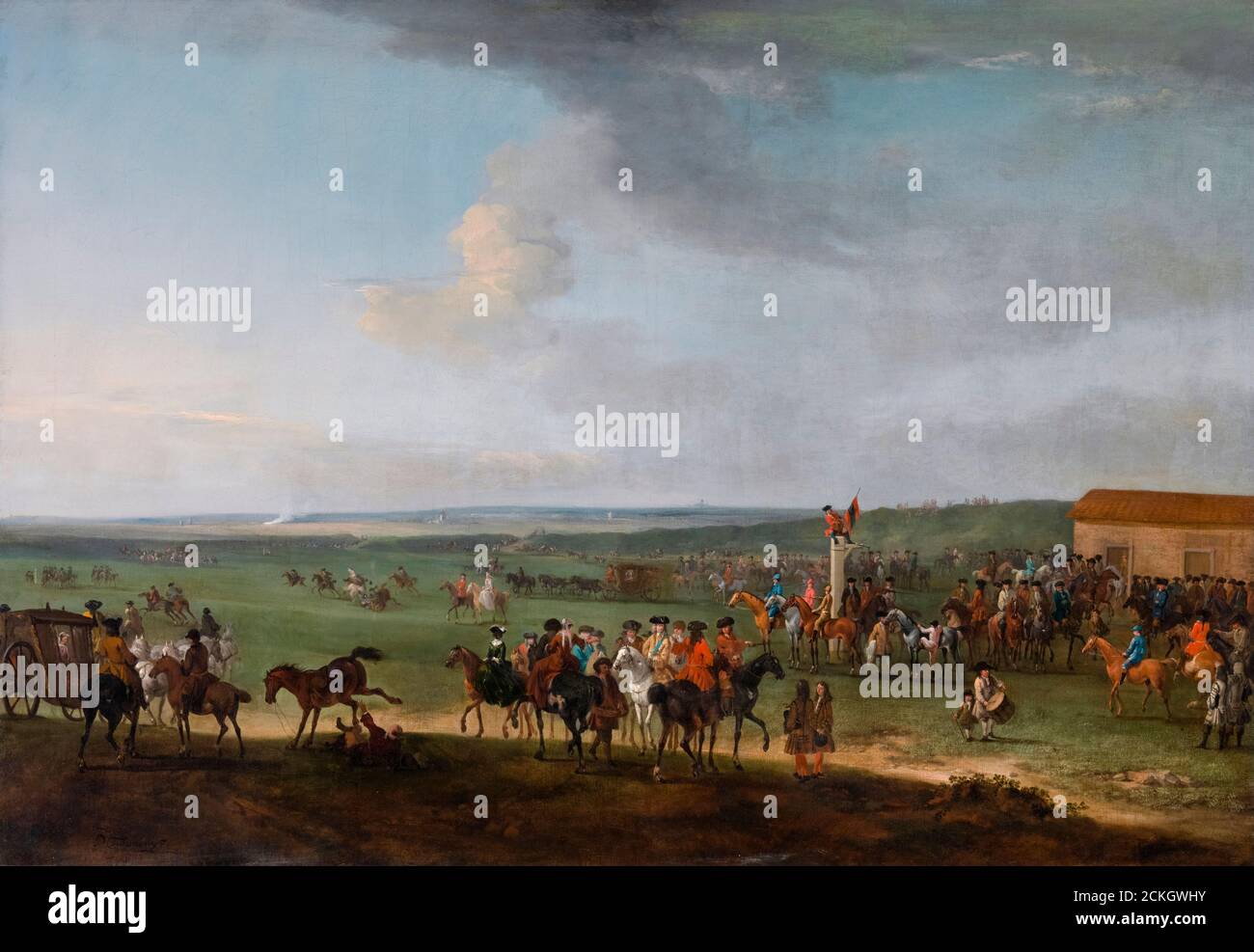 El curso de la Ronda en Newmarket, Cambridgeshire: Preparación para la placa del Rey (carreras de caballos), pintura de Peter Tillemans, alrededor de 1725 Foto de stock
