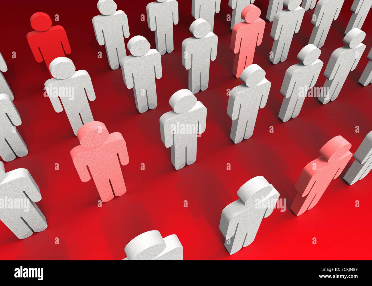 ilustración 3d de un grupo de personas alineadas y algunas de las cuales tienen características diferentes de otras. Género, positividad, negatividad, etnicidad, Foto de stock