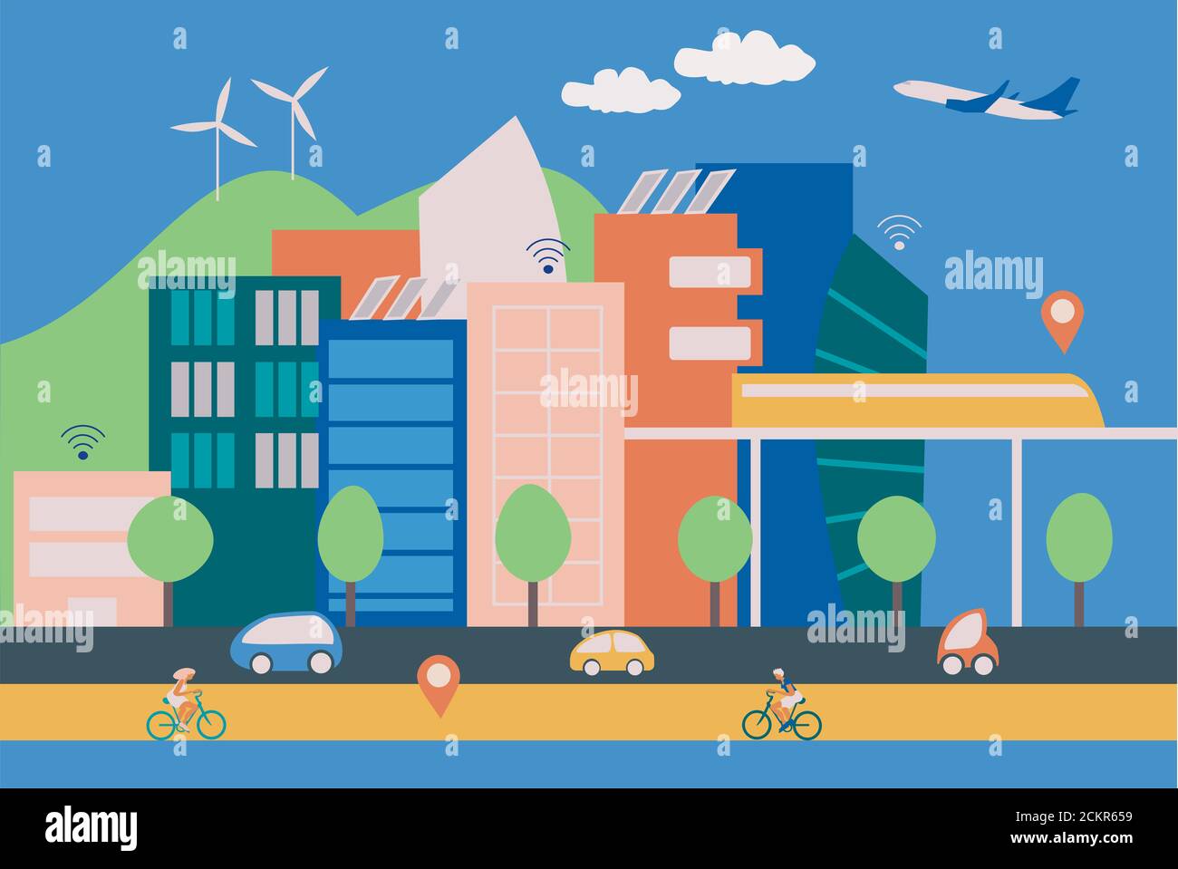 Ilustración de una ciudad moderna y elegante con edificios contemporáneos, gente en bicicletas y coches eléctricos, conexión inalámbrica a internet y energía verde pr Foto de stock