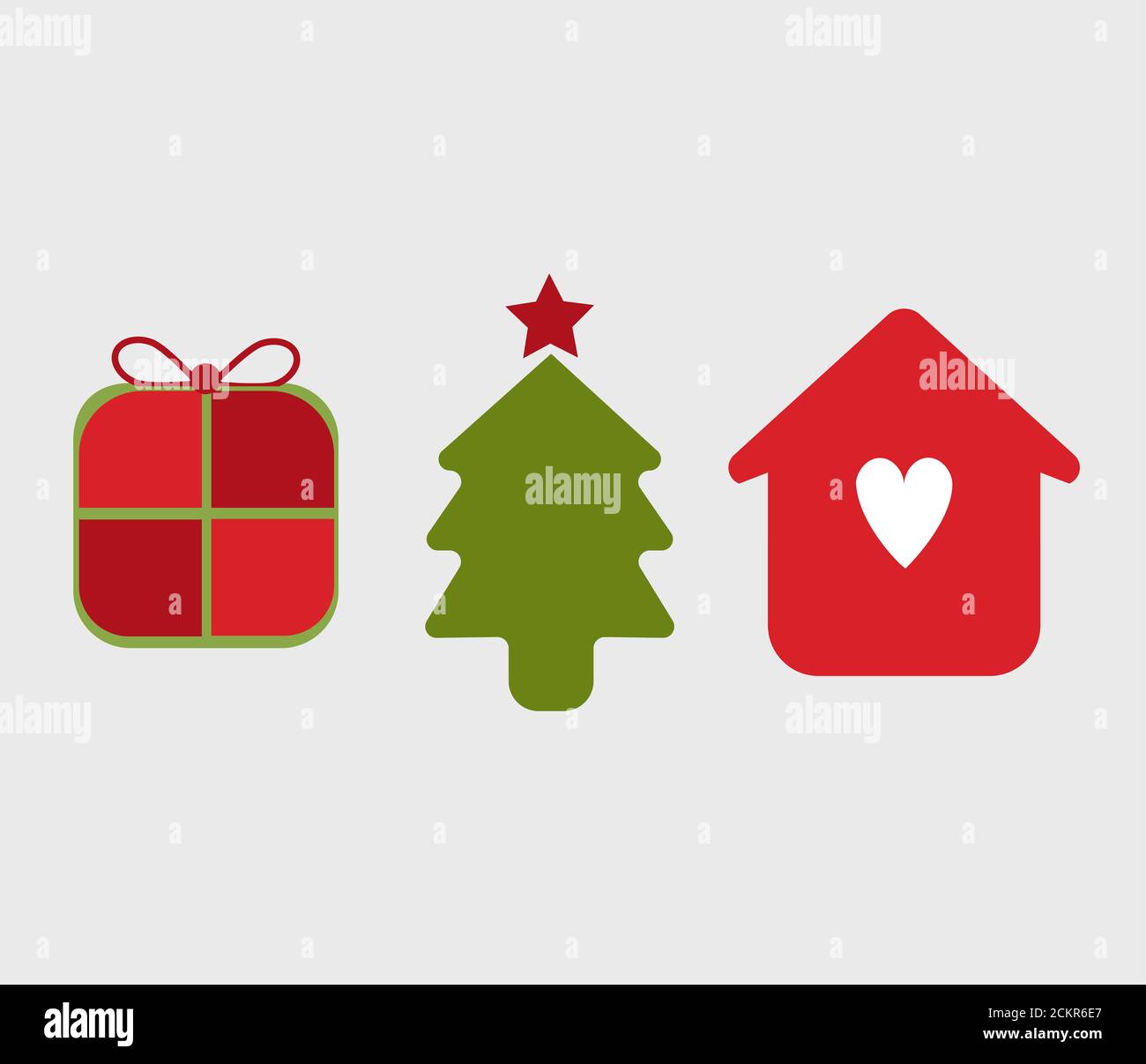 Ilustración de los iconos de TI, símbolos de la temporada de Navidad. Árbol de Navidad, paquete de regalo y familia con amor. Aislado en el fondo Foto de stock