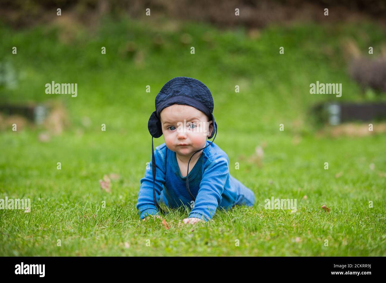 bebé de 6 meses arrastrándose afuera en hierba verde Foto de stock