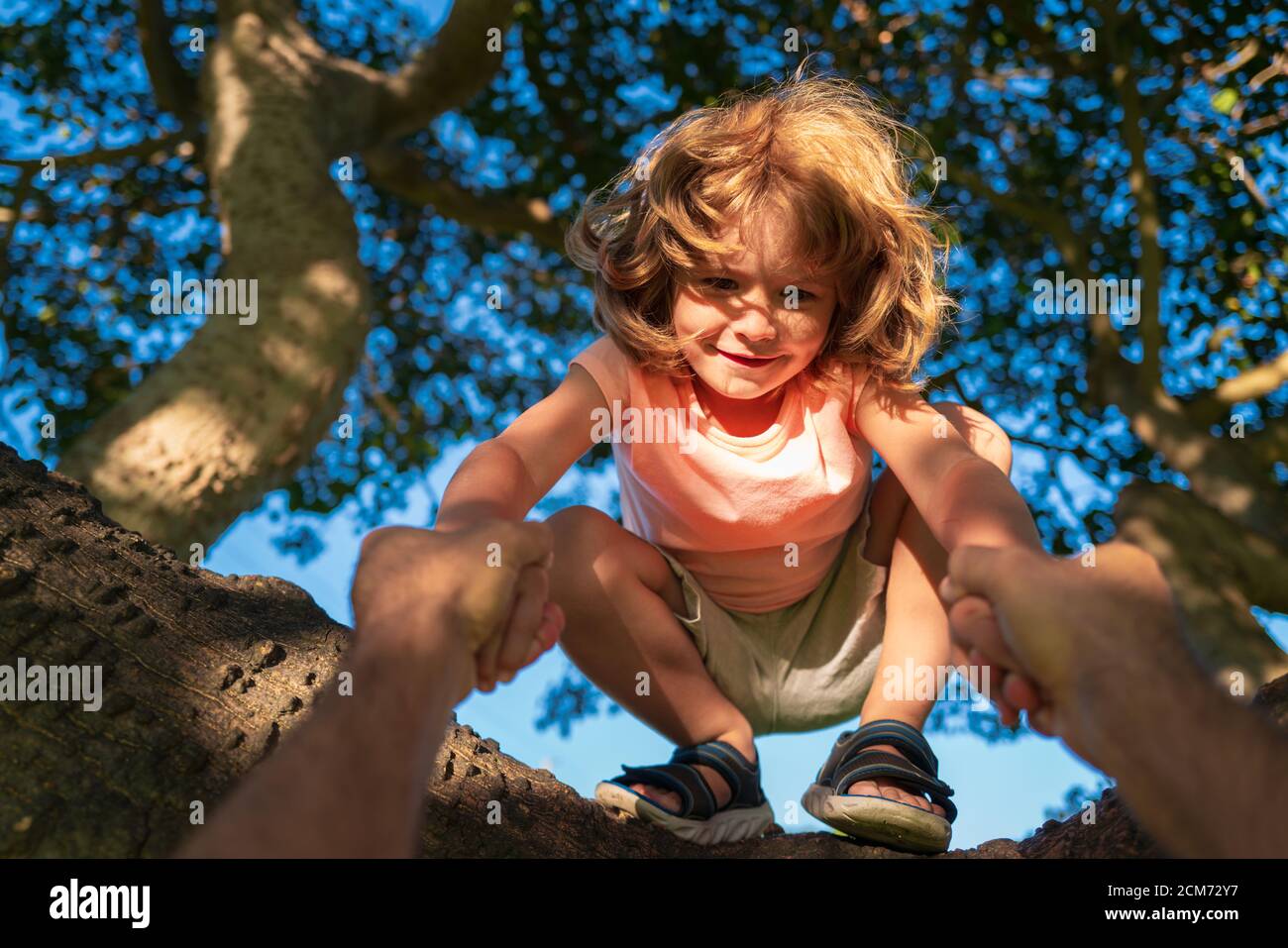 Niño feliz sentado en un árbol. Padre sostiene la mano de un niño. Padre enseñando a hijo subir árbol. Foto de stock