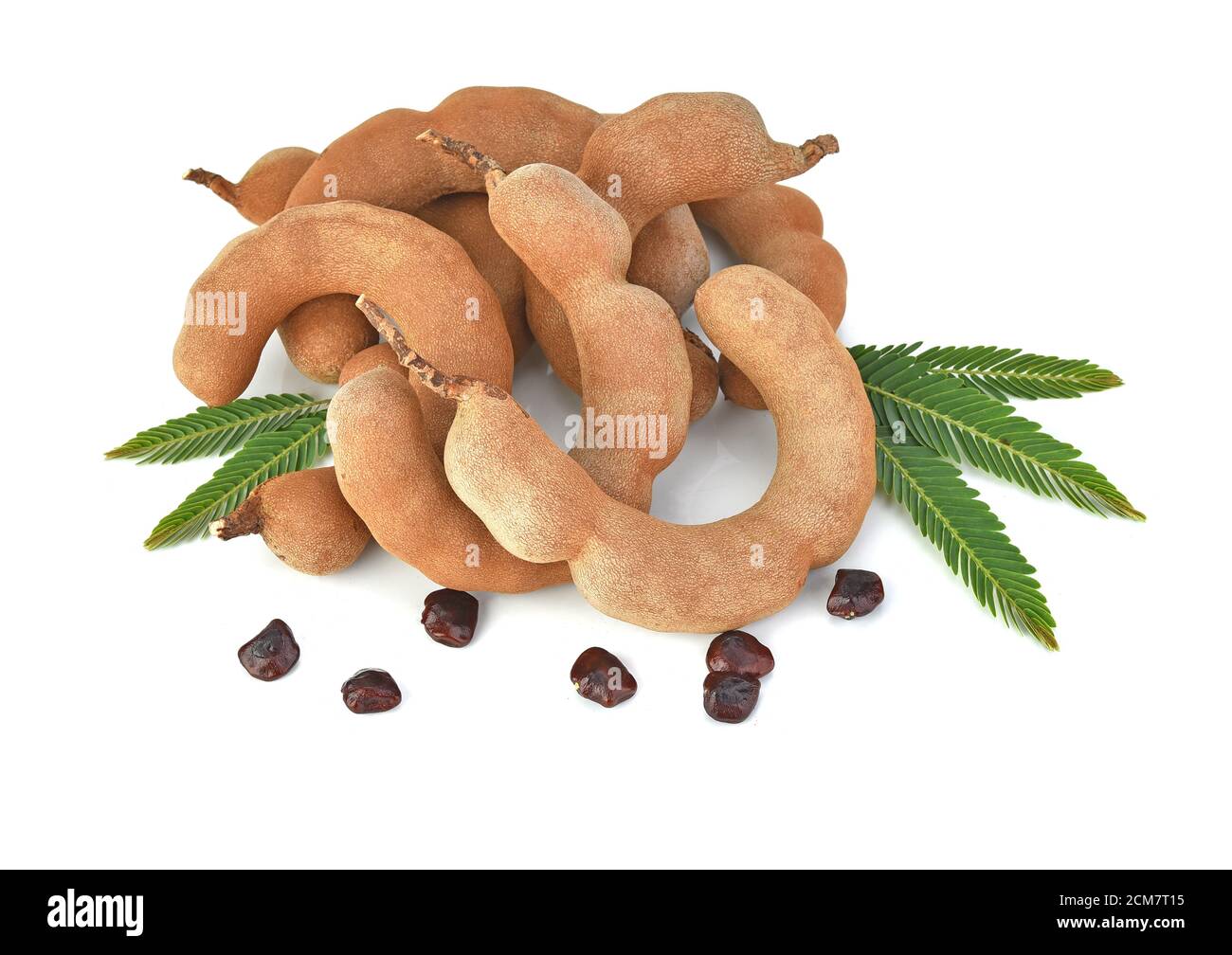 Vista superior de semillas de tamarindo y tamarindo y hojas de