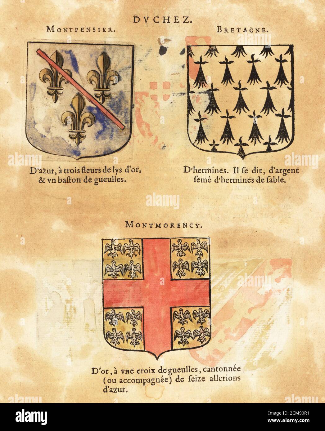 Escudo de armas del Ducado de Montpensier con fleurs-de-lys y batuta roja,  Bretaña con ermina, y Montmorency con cruz roja y 16 águilas alérenas  azules. Duchez: Montpensier, Bretaña, Montmorency. Grabado en bloque