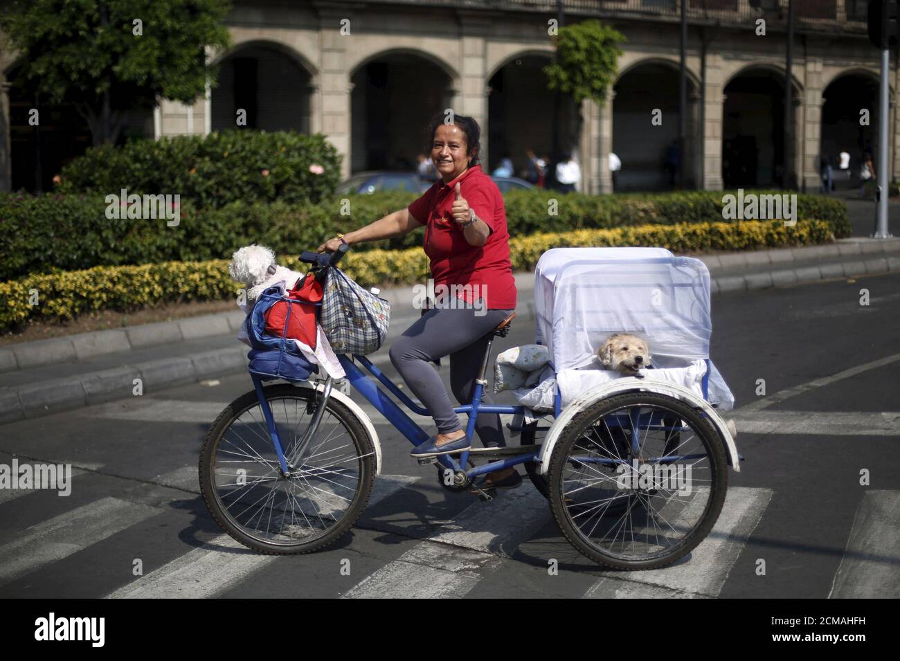 Una mujer hace gestos después de participar con otros ciclistas para formar una forma de bicicleta con el objetivo de promover el ciclismo como modo de transporte y conmemorar el día de la bicicleta, que se celebra anualmente el 19 de abril, en la plaza Zócalo en la Ciudad de México, México, 10 de abril de 2016. REUTERS/Edgard Garrido Foto de stock