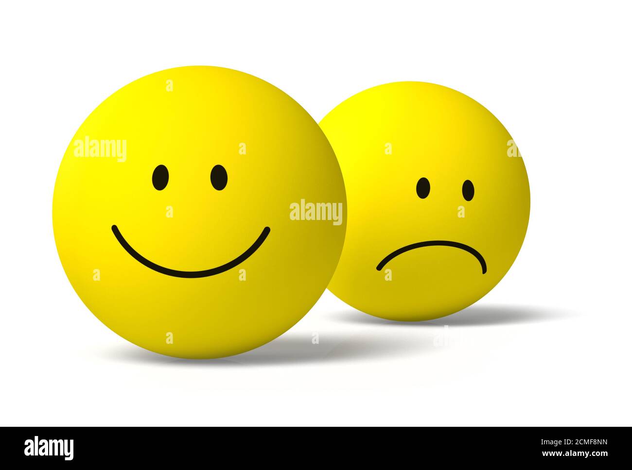 Dos símbolos de emoji 3D redondos amarillos iconos felices e infelices