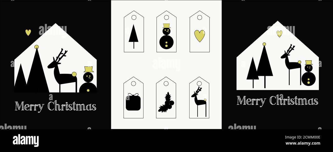Ilustración de un conjunto de dos tarjetas de Chrsitmas y etiquetas para los regalos. Gráfico en blanco y negro con renos, muñeco de nieve, árbol de Navidad, regalos y acebo Foto de stock
