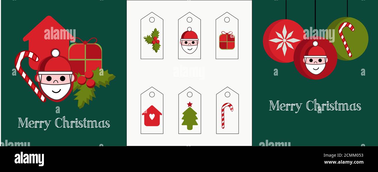 Ilustración de un conjunto de dos tarjetas y diferentes etiquetas para los regalos. Gráficos rojos y verdes con Santa Claus, pelotas, candis, árbol y Navidad de Holly. Foto de stock