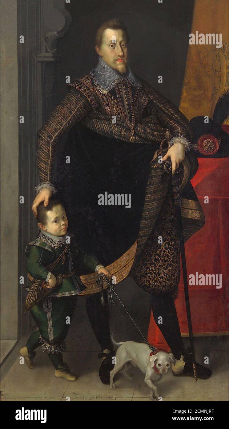 Joseph Heintz d. SCHLOSS Ambras Innsbruck - Kaiser Ferdinand II (1578-1637) en ganzer Figure mit einem Hofzwerg Foto de stock