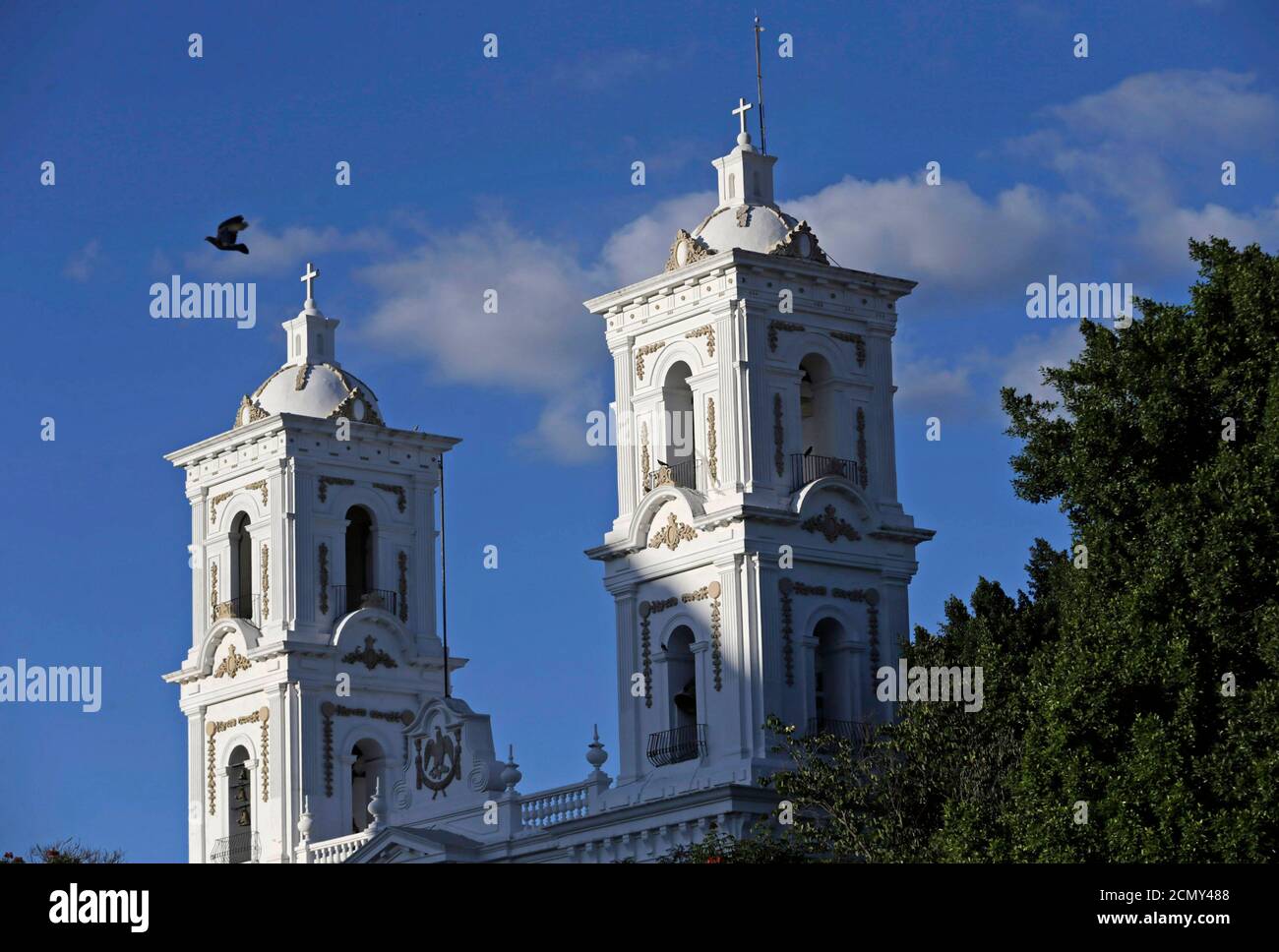 A pigeon flies over the Asuncion Cathedral in downtown Chilpancingo,  Guerrero October 25, 2014. REUTERS/Henry Romero (MEXICO - Tags: SOCIETY  RELIGION Fotografía de stock - Alamy