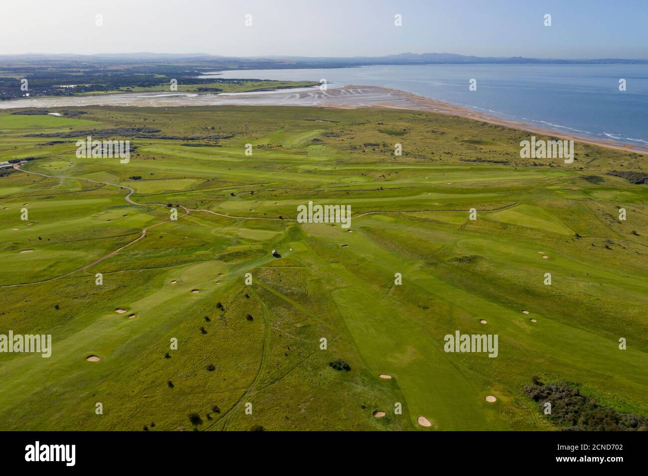Vista aérea de los campos de golf de Gullane, Gullane 1 & 2, Gullane Hill, East Lothian, Escocia. Foto de stock