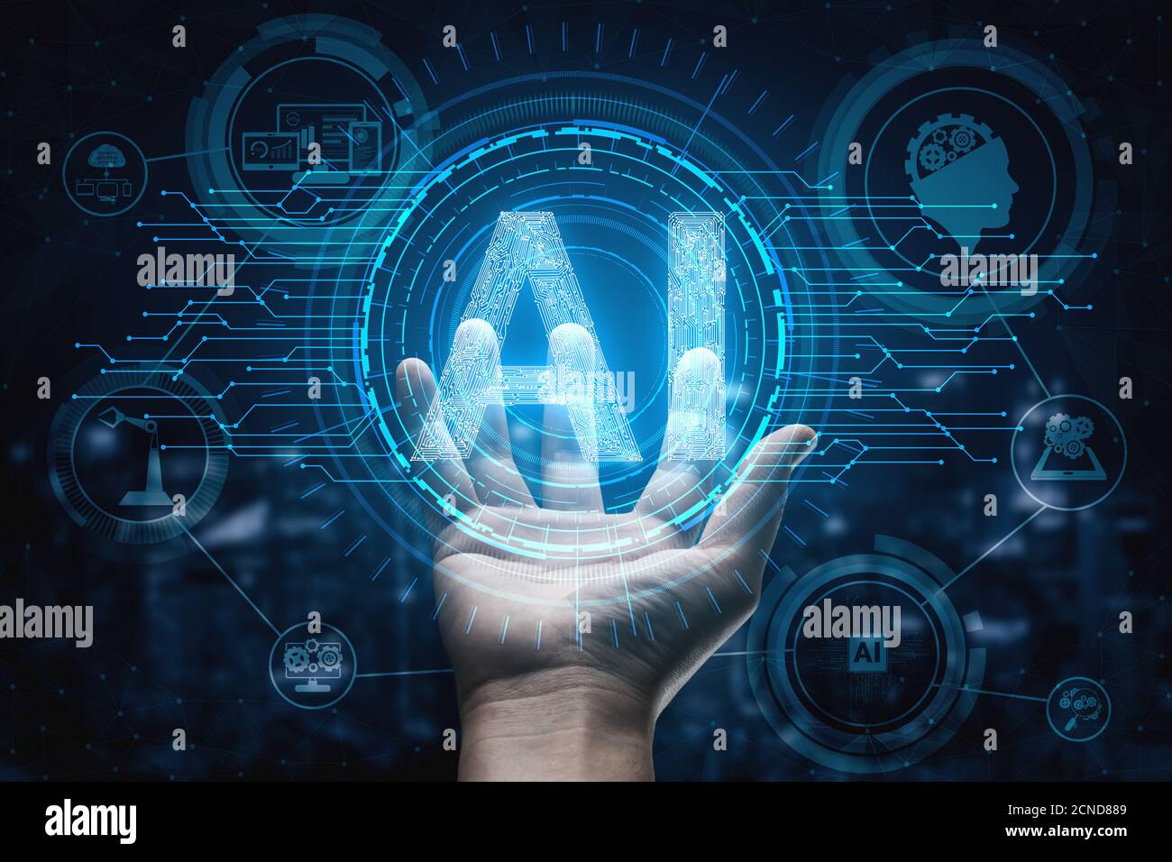 AI Inteligencia artificial y aprendizaje concepto icono - Interfaz gráfica mostrando equipo, máquina de pensar y AI Inteligencia artificial de Digital Foto de stock