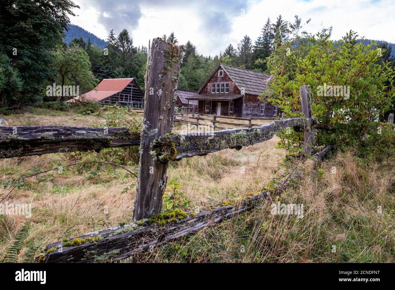 Edificios del Kestner Homestead, Quinault Rain Forest, Olympic National Park, Washington State, Estados Unidos de América Foto de stock