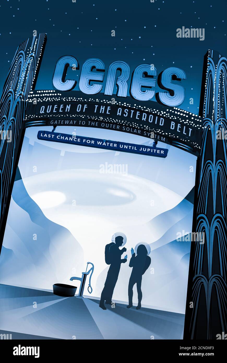 Ceres: Visiones de los futuros carteles de viajes espaciales creados por el Laboratorio de Propulsión a Chorro de la NASA. Foto de stock