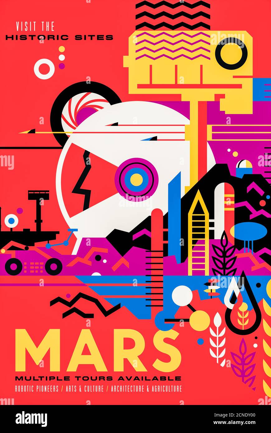 Marte: Visiones de los futuros carteles de viajes espaciales creados por el Laboratorio de Propulsión a Chorro de la NASA. Foto de stock