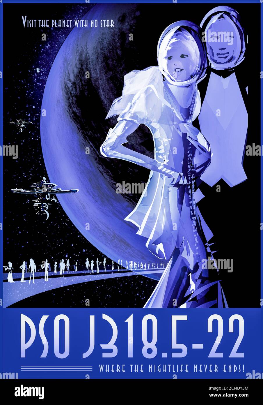 PSO J318.5-22: Visiones de los futuros carteles de viajes espaciales creados por el Laboratorio de Propulsión a Chorro de la NASA. Foto de stock