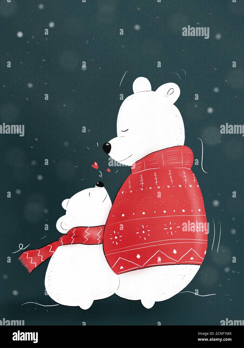 Dibujo a mano de dos osos polares abrazándose entre sí Ropa de Navidad e invierno Foto de stock