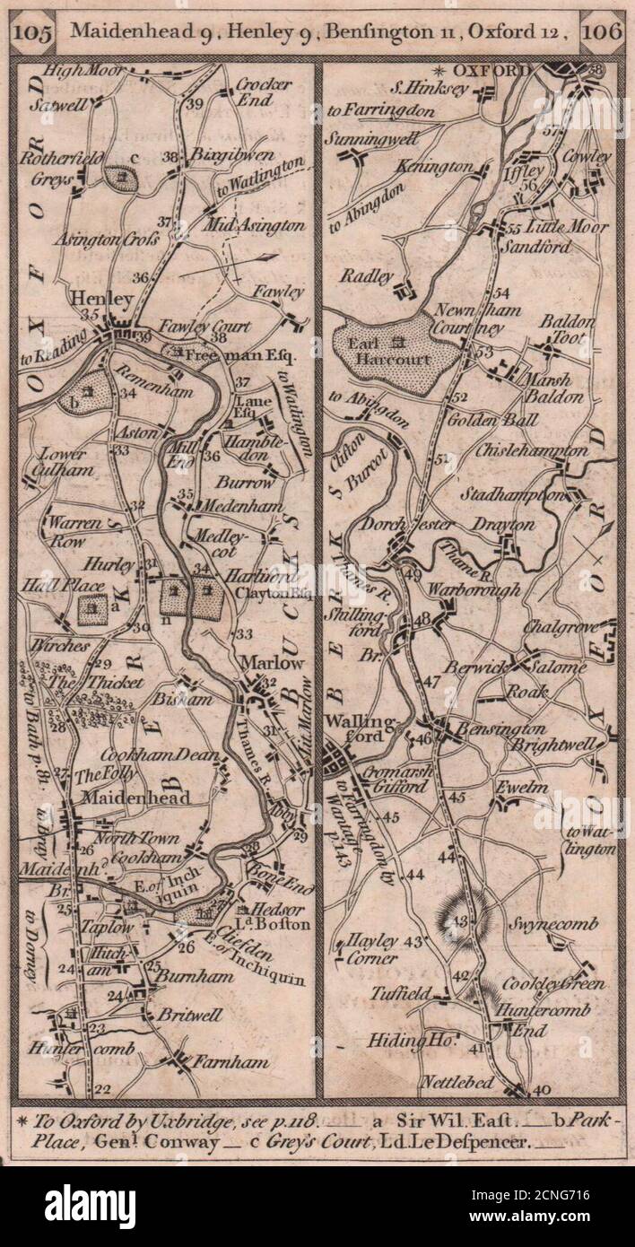 Maidenhead-Marlow-Henley-Dorchester-Oxford Road strip map PATERSON 1803 Foto de stock