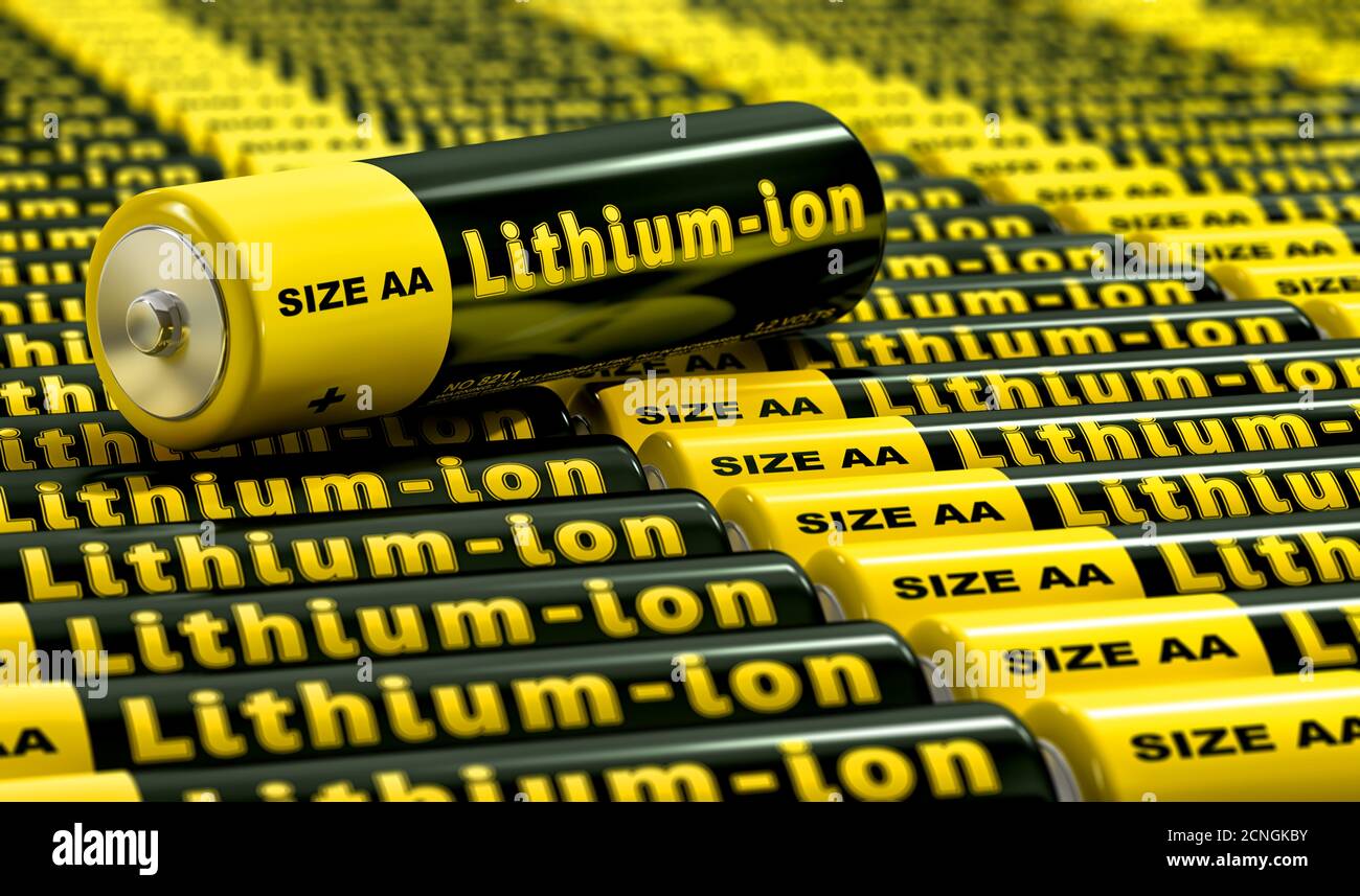 Filas de pilas AA genéricas con la etiqueta "ion-litio Fotografía de stock  - Alamy