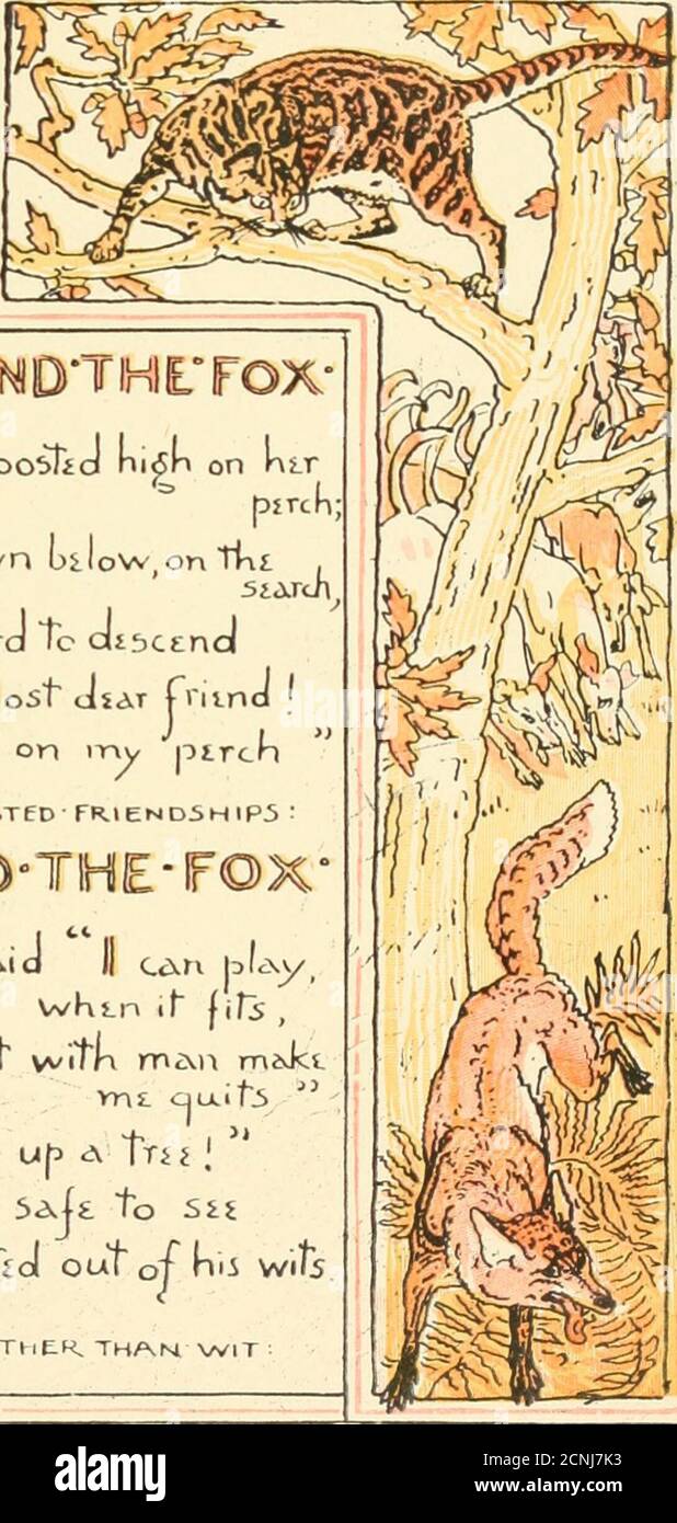 . El propio Aesop del bebé: Siendo las fábulas condensadas en rima con moral portable pictorialmente apuntada por Walter Crane. Grabado e impreso en colores por Edmund Evans . j Inle Inkn loo IJ lii on l run(y-ry irox down bilow onfl l S- Tipliicl/lMoit JSAT rWinJ i-ls.il Moti si-curt. On itw ntrch • BEVn/ARE of TIENTEFR3 TOEXATAINID°F©>X* nt Fox i> Kid 11 c n b xy,WKT.n if lits, Mle?riy wilii mi t vvith rrc mavkivnt cju-■* ut my trick s up A Ttjj i i Wit,T.T.T,T,T.t Foto de stock