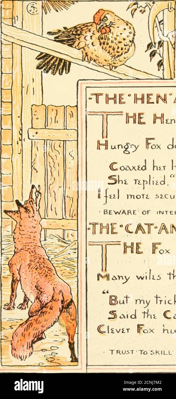 . El propio Aesop del bebé: Siendo las fábulas condensadas en rima con moral portable pictorialmente apuntada por Walter Crane. Grabado e impreso en colores por Edmund Evans . j Inle Inkn loo IJ lii on l run(y-ry irox down bilow onfl l S- Tipliicl/lMoit JSAT rWinJ i-ls.il Moti si-curt. On itw ntrch • BEVn/ARE of TIENTEFR3 TOEXATAINID°F©>X* nt Fox i> Kid 11 c n b xy,WKT.n if lits, Mle?riy wilii mi t vvith rrc mavkivnt cju-■* ut my trick s up A Ttjj i i Wit,T.T,T,T Foto de stock