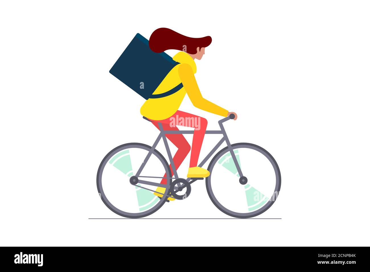 Joven mensajero femenino con mochila caja de montar en bicicleta y lleva mercancías y paquetes de alimentos. Servicio de pedidos de entrega ecológica de ciclo rápido. Ilustración vectorial del eps aislado Ilustración del Vector