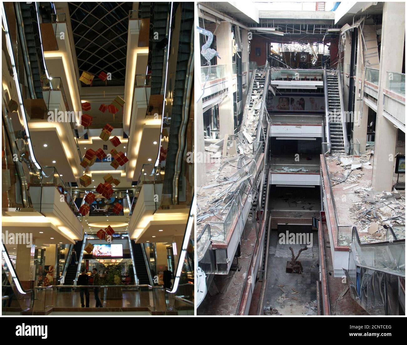 A combination picture shows Shahba Mall, one of the largest commercial  shopping centres in Syria, before it was damaged on December 12, 2009 (L)  and after it was damaged (R) on October