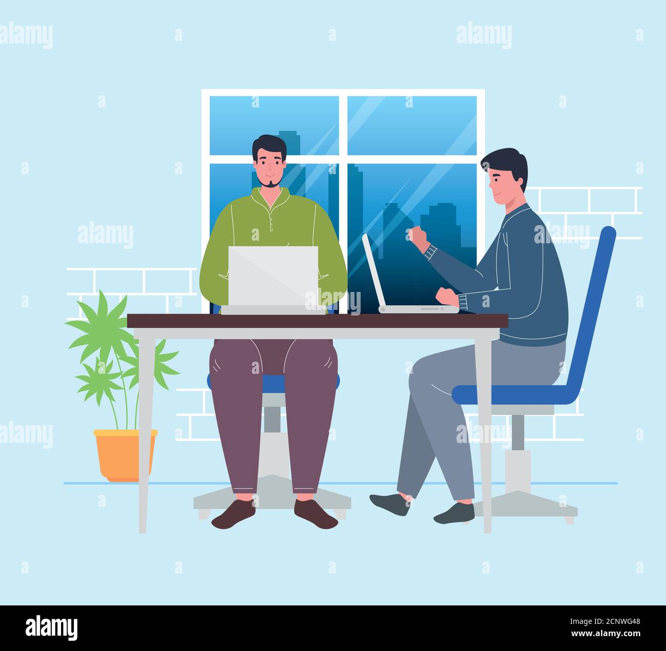 espacio de trabajo en equipo, hombres con portátiles en el escritorio, concepto de trabajo en equipo Ilustración del Vector
