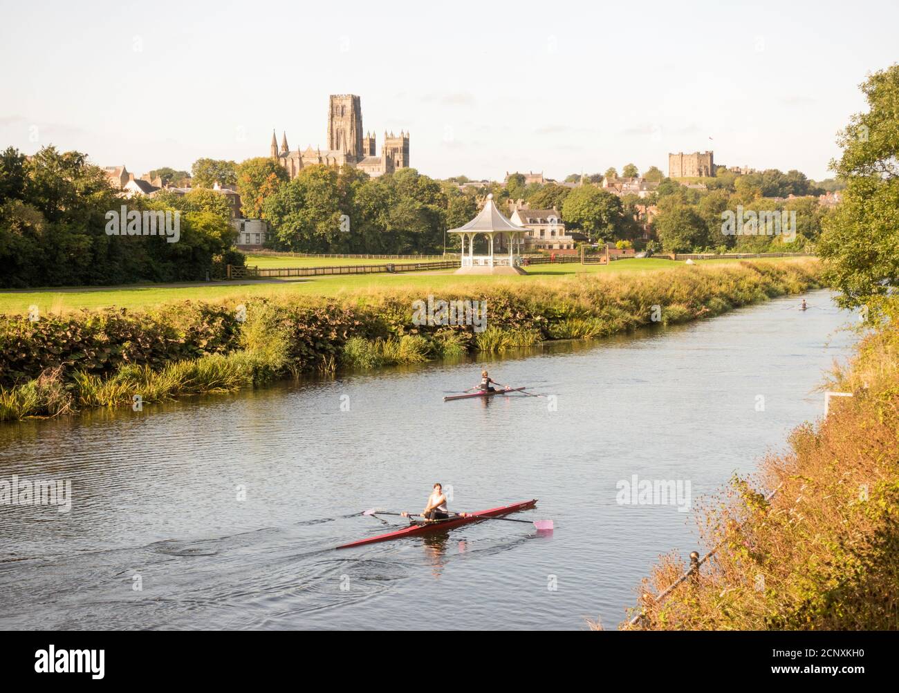 Las mujeres jóvenes se están escullando (remando) barcos en el río Wear in Ciudad de Durham Foto de stock