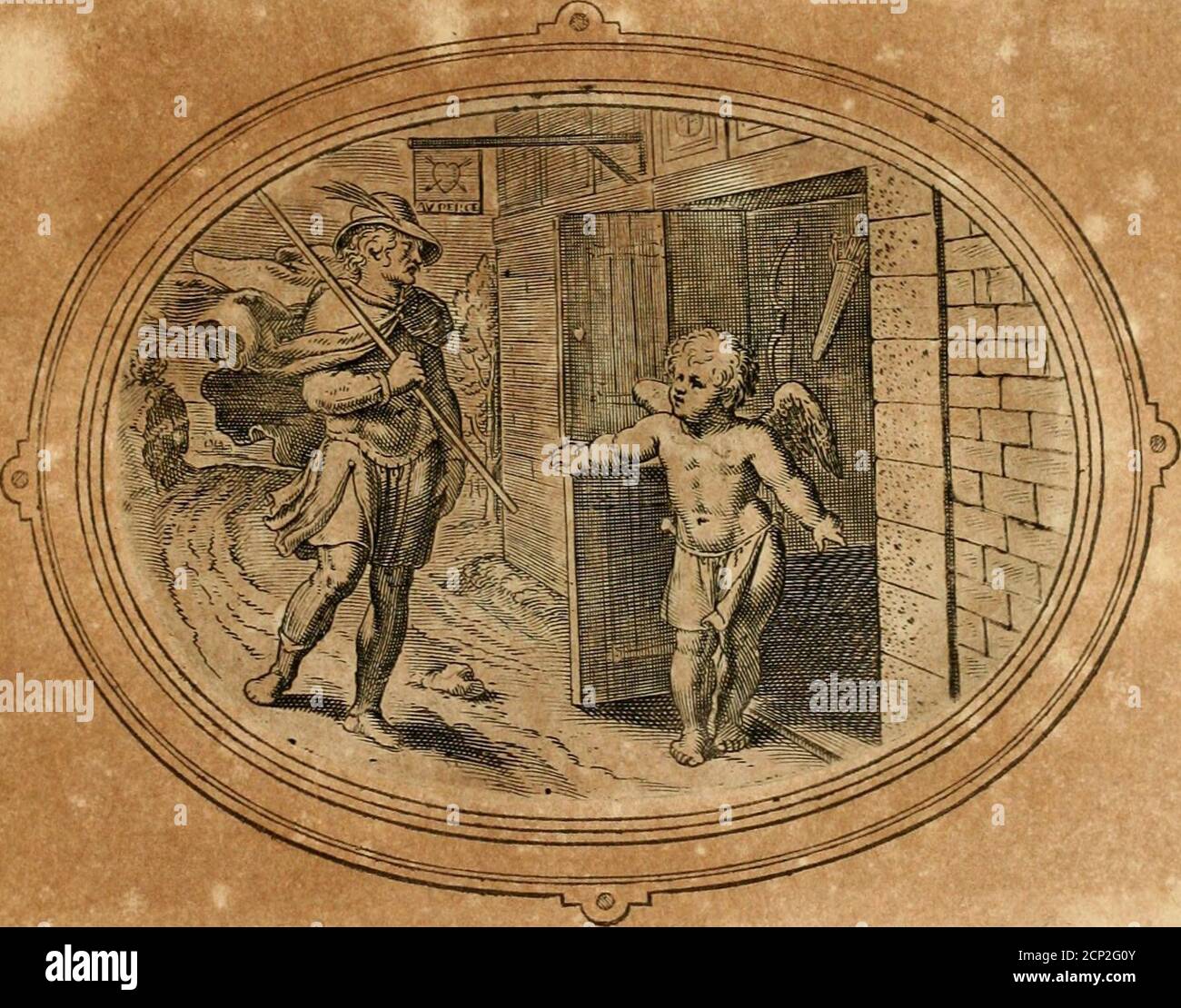 . Les emblemes de l'amour humain . 3?« E M B L E M A T A HOSPITIVM VERENDVM.PLAUT. In hofpitium ad Cupidinem diuerci, infanum cil raalum: Nam qui in Amore pr cipitauit, pciùs petit,quàm fi faxo faliac. dolorofo albergo. Mjh Vâfîcll hoïleriaì gto e quel, che )oue rhoUe è Lamor.(ahi) li dà. ì cena7 o/co in vece di Vinj:he lauelena.Piange chi cerca il mal la/uà pa::;Ì4. Amour mauuais hofte. Mal fageeft celliiy la , & comm.uidé de ragC;qui pr HAVÛ noi Amour pour hofte ,& loge en fa maifon,j uxpalT/ms pour du vin il verfe dupoilbn.qui fé lance aux dangles , plaint toft fon Grand Courage A M o R V Foto de stock