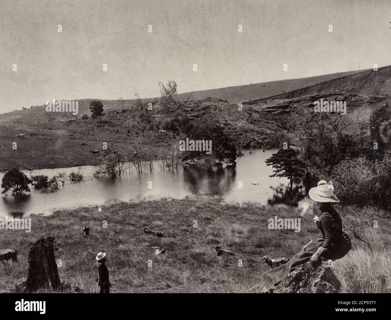 Pequeño lago formado después del terremoto en Costa Rica - Mujer y hombre mirando al lago con ganado pastando cerca. Alrededor de 1890 Foto de stock