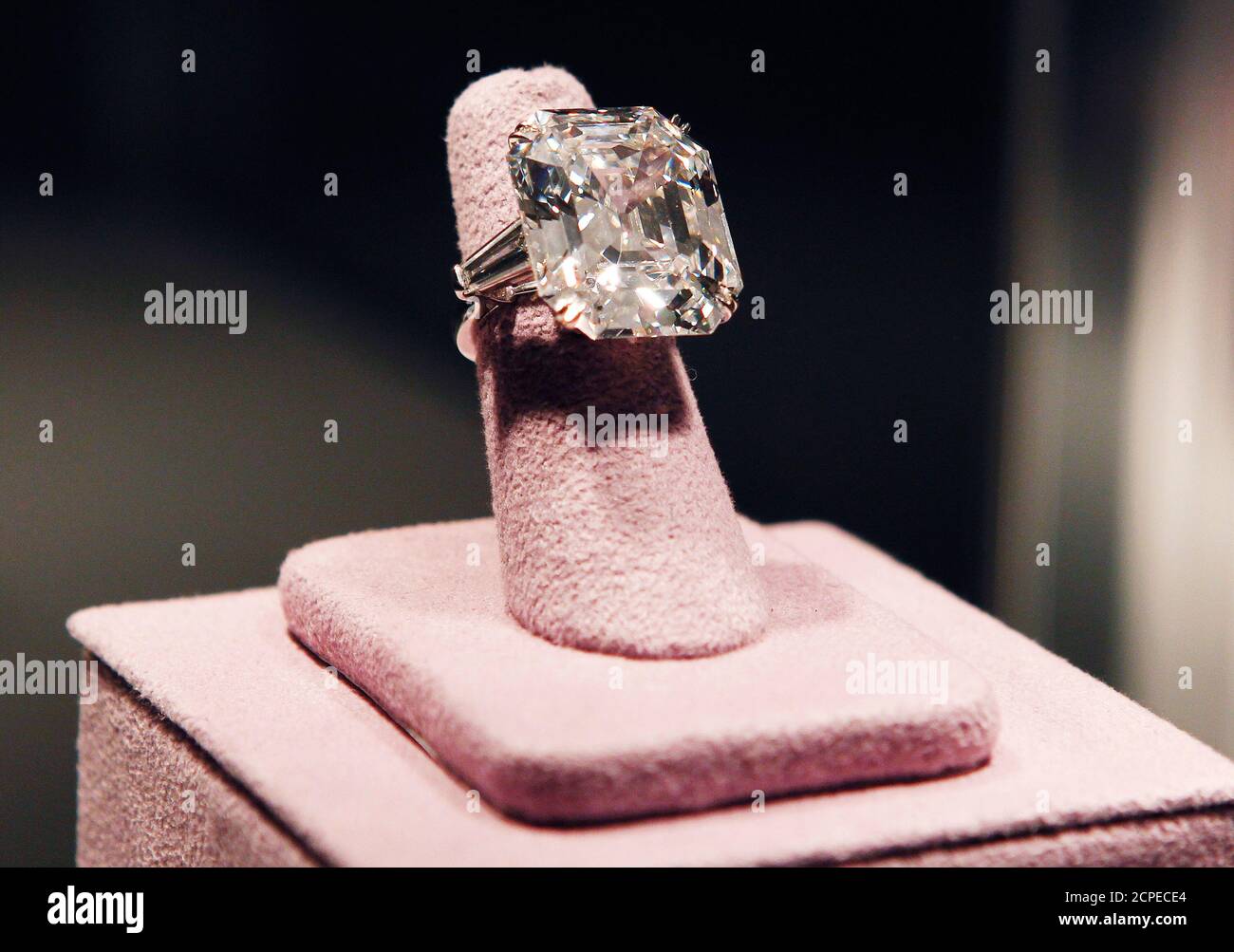 A 33.19 carats diamond ring given to Elizabeth Taylor by her fifth husband  Richard Burton is pictured at the press preview for Christie's auction of  The Collection of Elizabeth Taylor featuring her