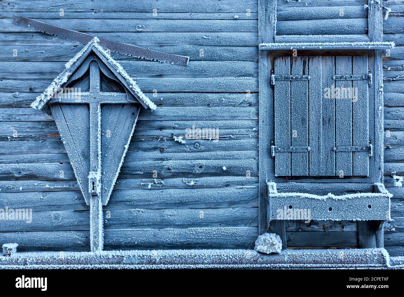 Detalle de la pared exterior de un chalet de madera cubierto con hielo, ansiei valle, Auronzo di Cadore, Belluno, dolomitas Foto de stock