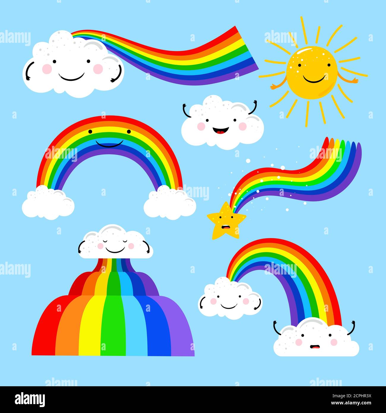 Arco iris y nubes. Ilustración de dibujos animados de color arco iris en el  cielo azul aislado, vector primavera o verano elementos de lluvia para los  niños Imagen Vector de stock -