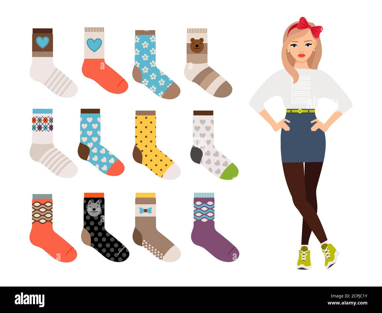 Calcetines para mujer. Colección de calcetines femeninos cálidos y sport.  Dibujos animados personaje lindo chica vector diseño con calcetín conjunto  Imagen Vector de stock - Alamy