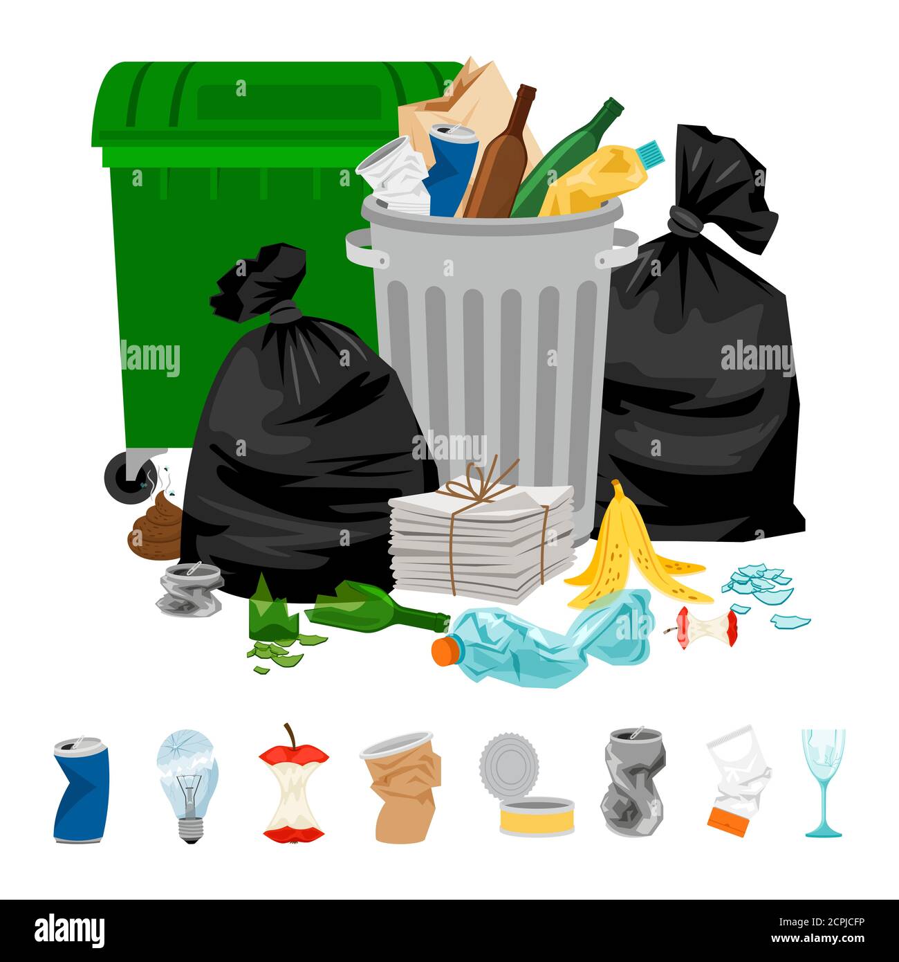 Vector Reciclado Reciclado Bin Silueta Con Bolsas De Basura Llena De  Residuos Reciclables Y Jardín, Aisladas Sobre Fondo Blanco. Iconos De  Colores De La Industria De Reciclaje Ilustraciones svg, vectoriales, clip  art