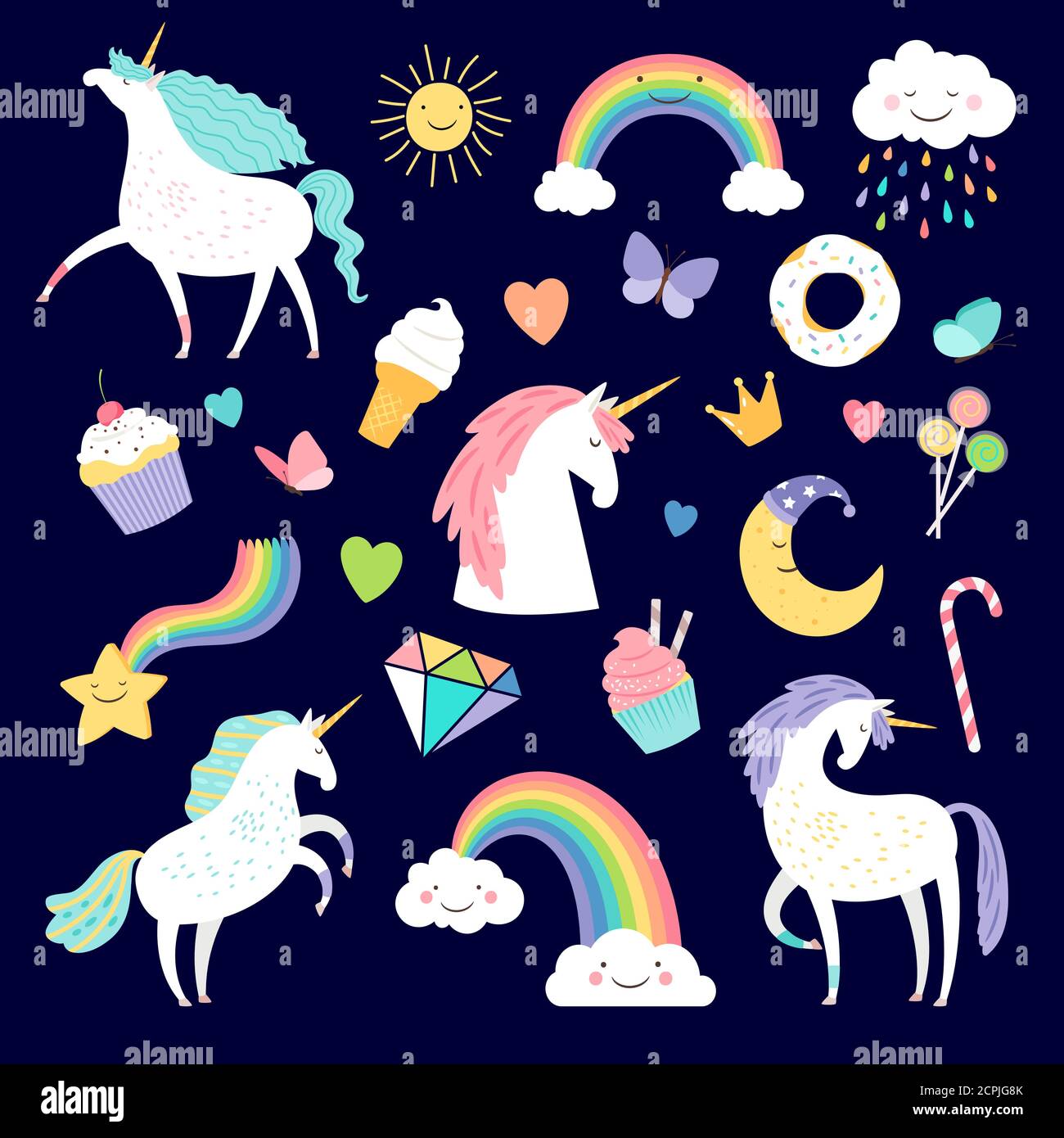 Unicornio y elementos de la novia arco iris, brillante y pastel. Vector  unicornio y pastel, dulce y cuerno ilustración Imagen Vector de stock -  Alamy