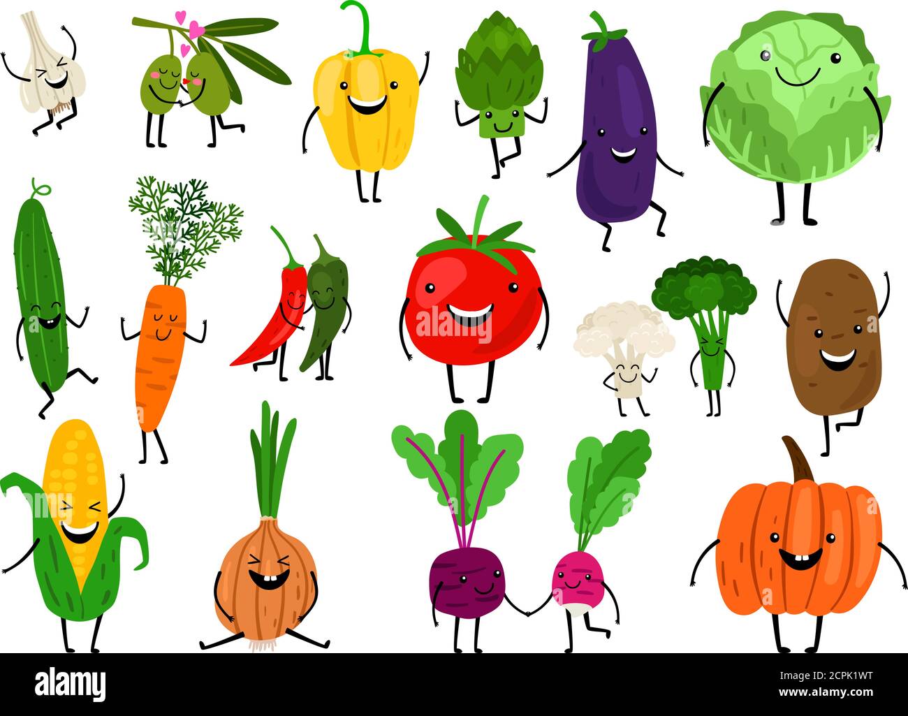 Verduras para niños. Dibujos animados verduras comer para el niño, gracioso  lindo verduras personajes, kawaii saludable zanahoria riendo sonriente  calabaza, vector iconos conjunto Imagen Vector de stock - Alamy