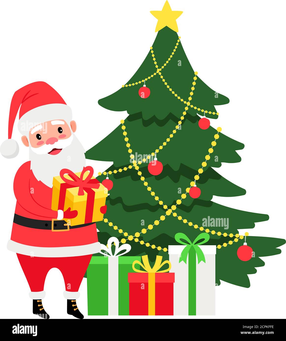 Santa y árbol de Navidad con regalos, icono vector sobre fondo blanco  Imagen Vector de stock - Alamy